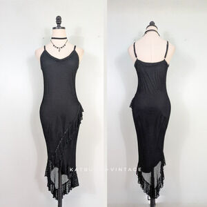 Vintage Cache Crochet Midi Maxi Dress Cocktail XS Black 90s Y2K Fairy Whimsigoth